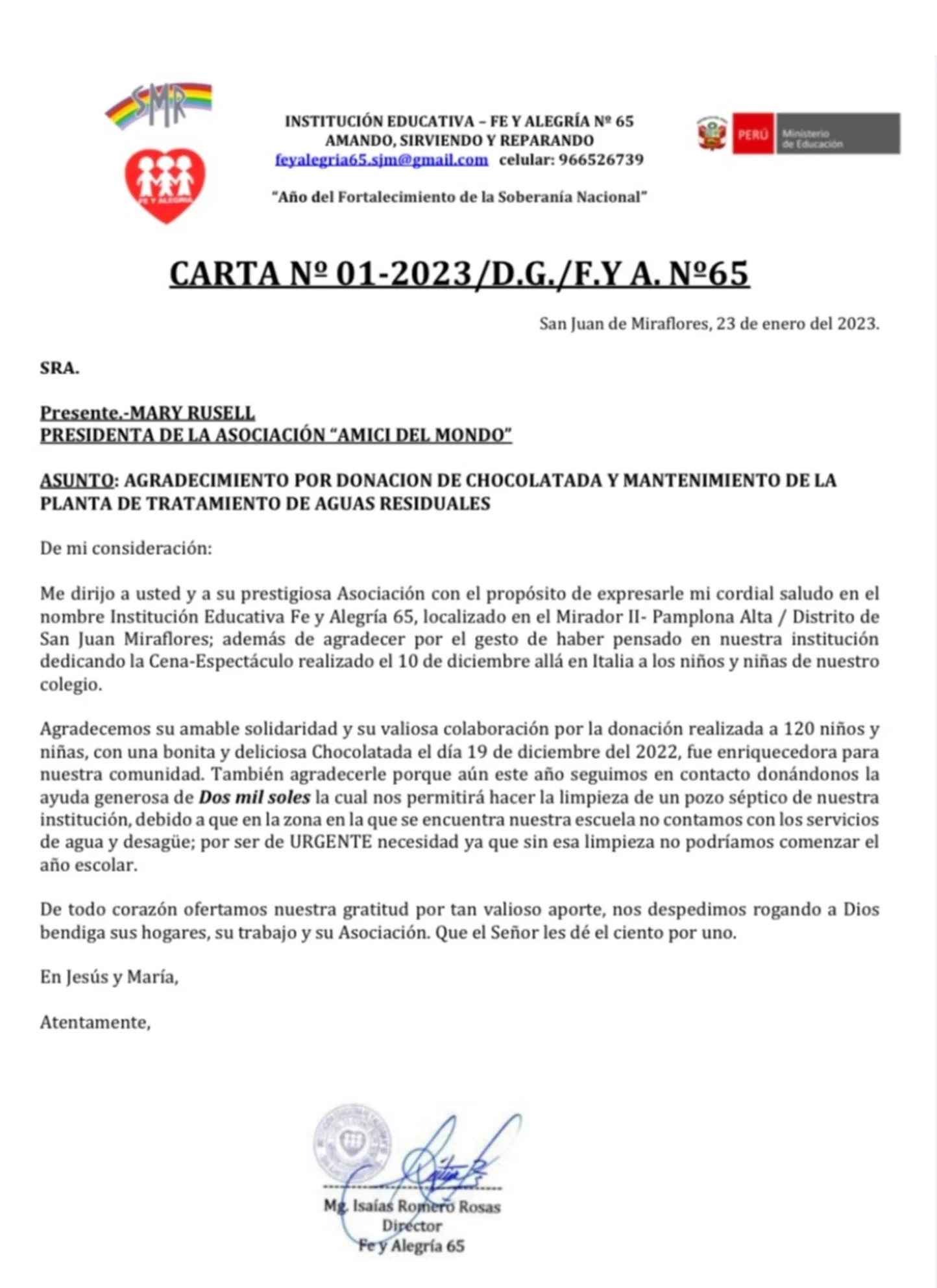 Lettera ufficiale del Colegio Fe y Alegría N.65
