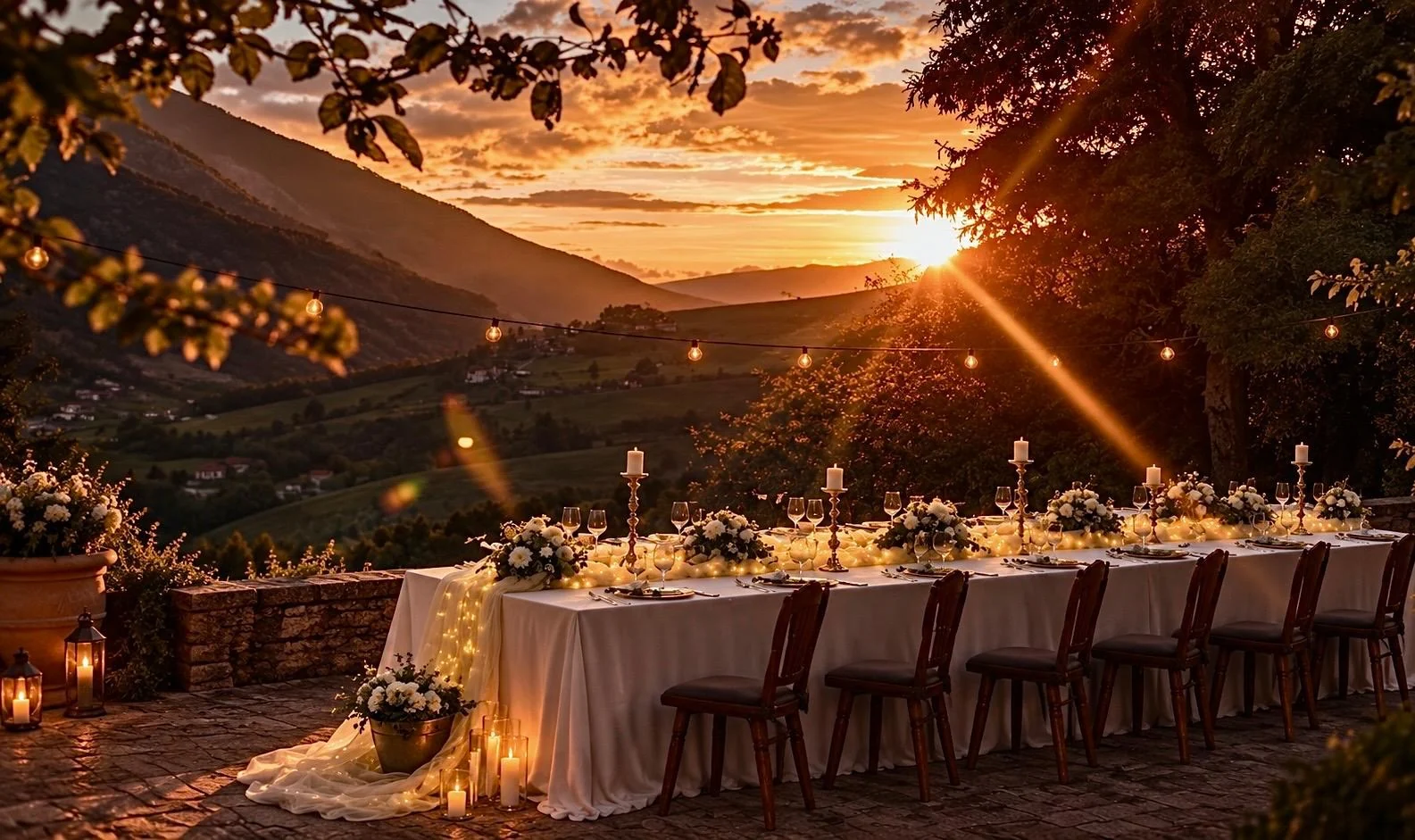Tavola di nozze al tramonto tra le montagne
